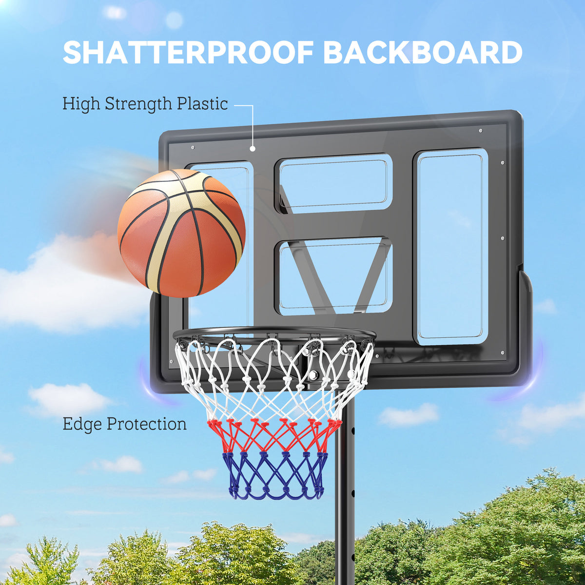 Black plastic basketball backboard with edge protection, rim, and colorful net