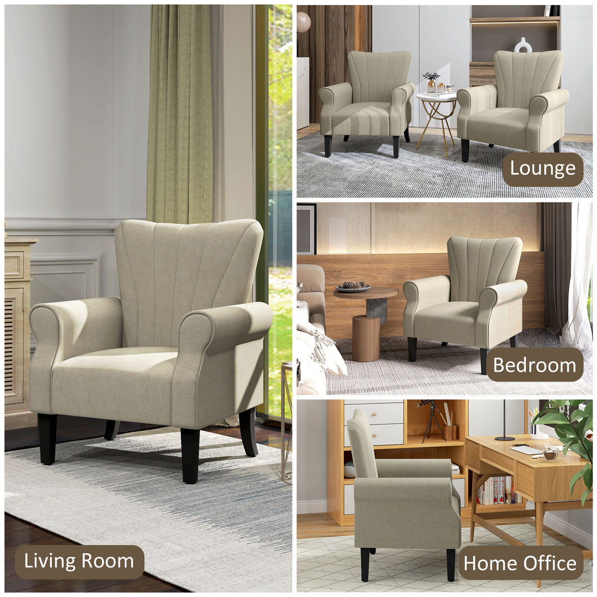 Beige upholstered armchair with a high back, rolled arms and dark legs shown in room settings.