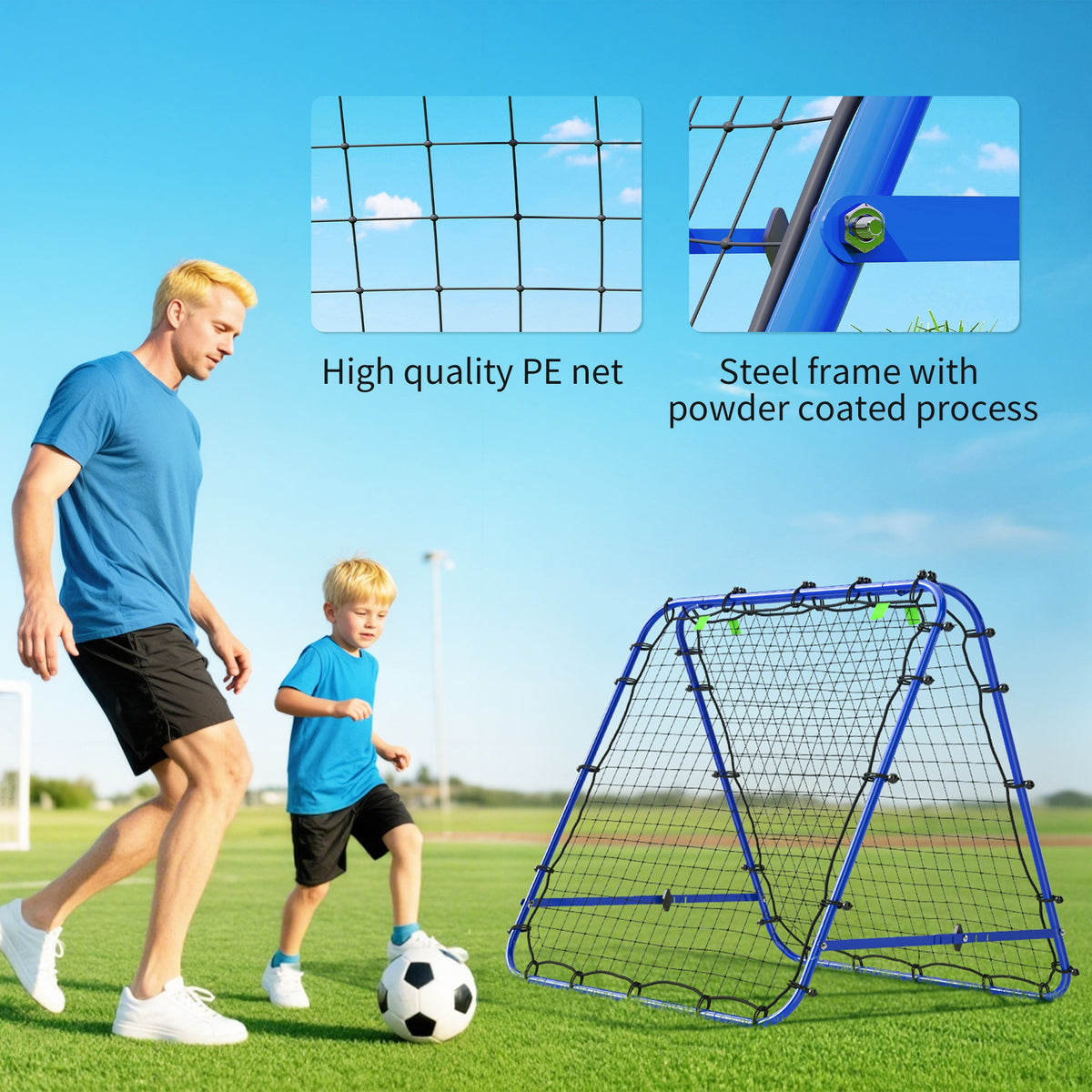Blue football rebounder with black PE net and powder-coated steel frame