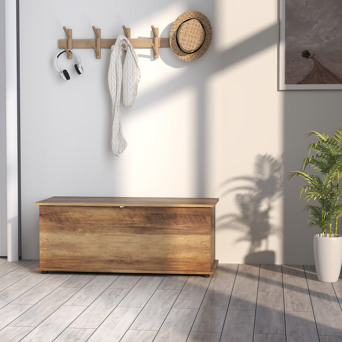 HOMCOM Storage Chest, Large 113L Blanket Box, Shoe Bench with Safety Hinged Lid, Storage Trunk, Bed End Bench for Bedroom, Hallway, Living room, Playroom, 100 x 40 x 40cm, Brown Wood Grain