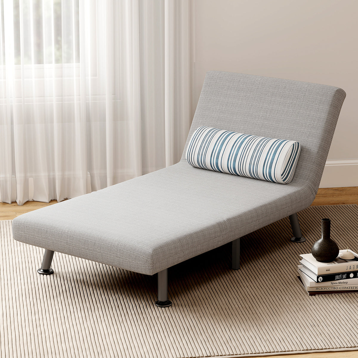 HOMCOM Single Sofa Bed, 1 Person Sleeper Foldable Lounge with Pillow, Light Grey