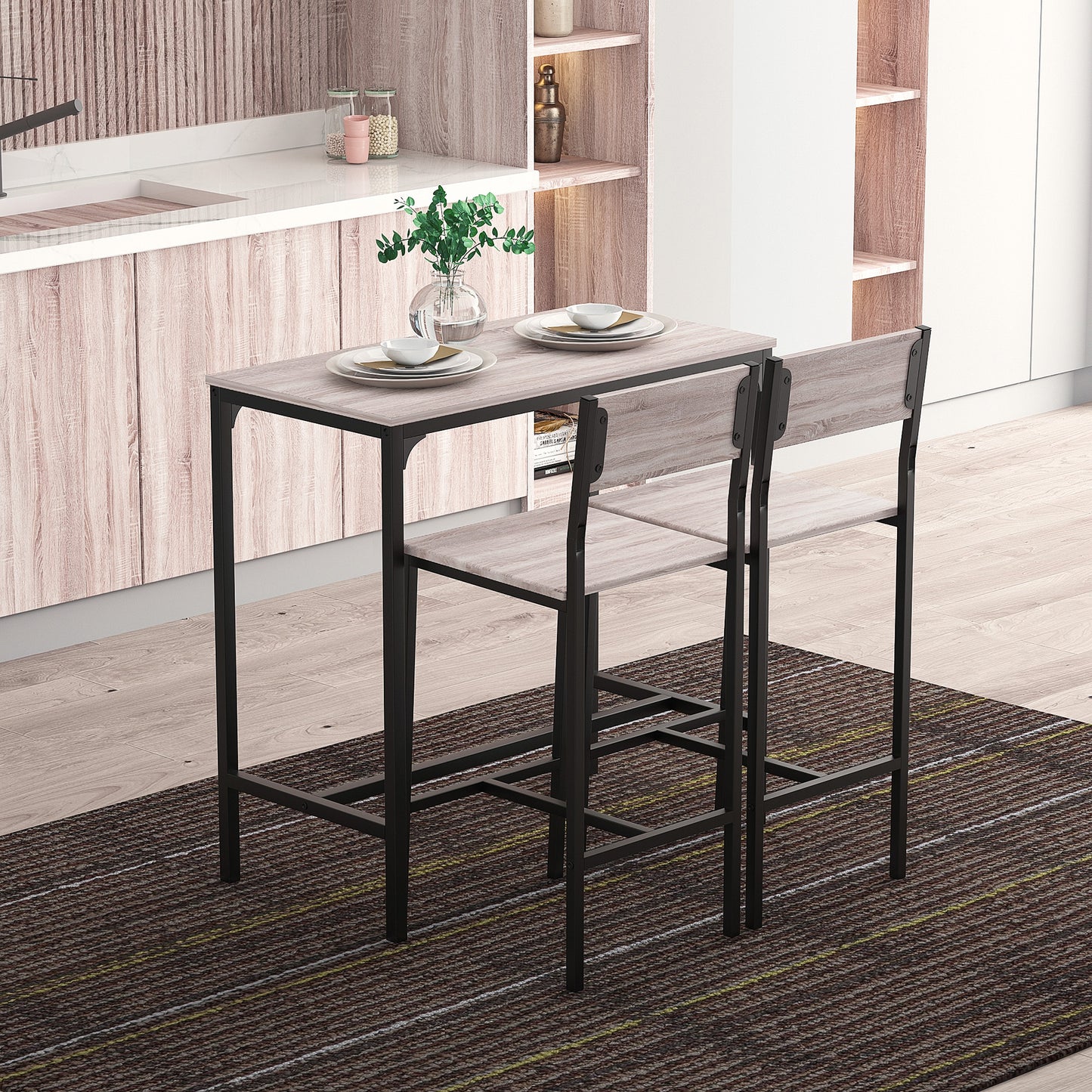 HOMCOM 3-Piece Bar Table Set with 2 Stools, Industrial Breakfast Bar Set with Footrest, Backrest for Dining Room, Small Space