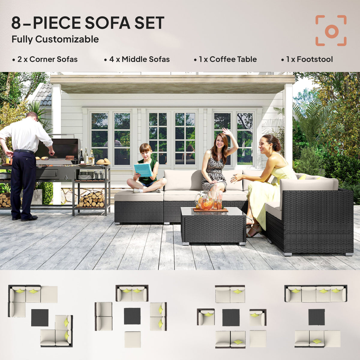 Outsunny 8 Piece Rattan Corner Sofa Set with Wide & Deep Seat, Assembled Aluminium PE Rattan Garden Furniture Set with Thick Cushions and Glass Top Table for Outdoor, Conservatory, Black
