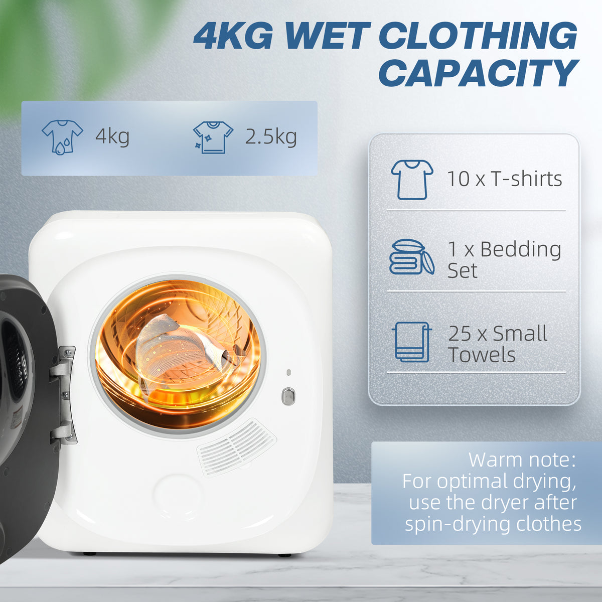 HOMCOM 2.5 kg Compact Tumble Dryer, with UV Sterilisation - White