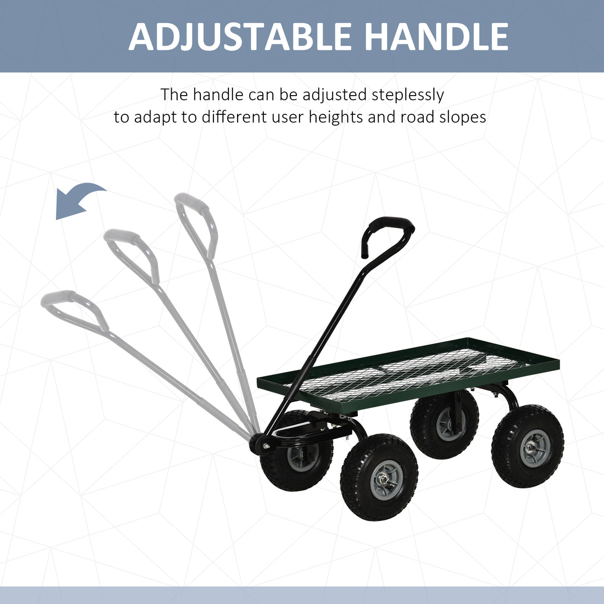 Garden trolley with four wheels and an adjustable handle shown at multiple angles