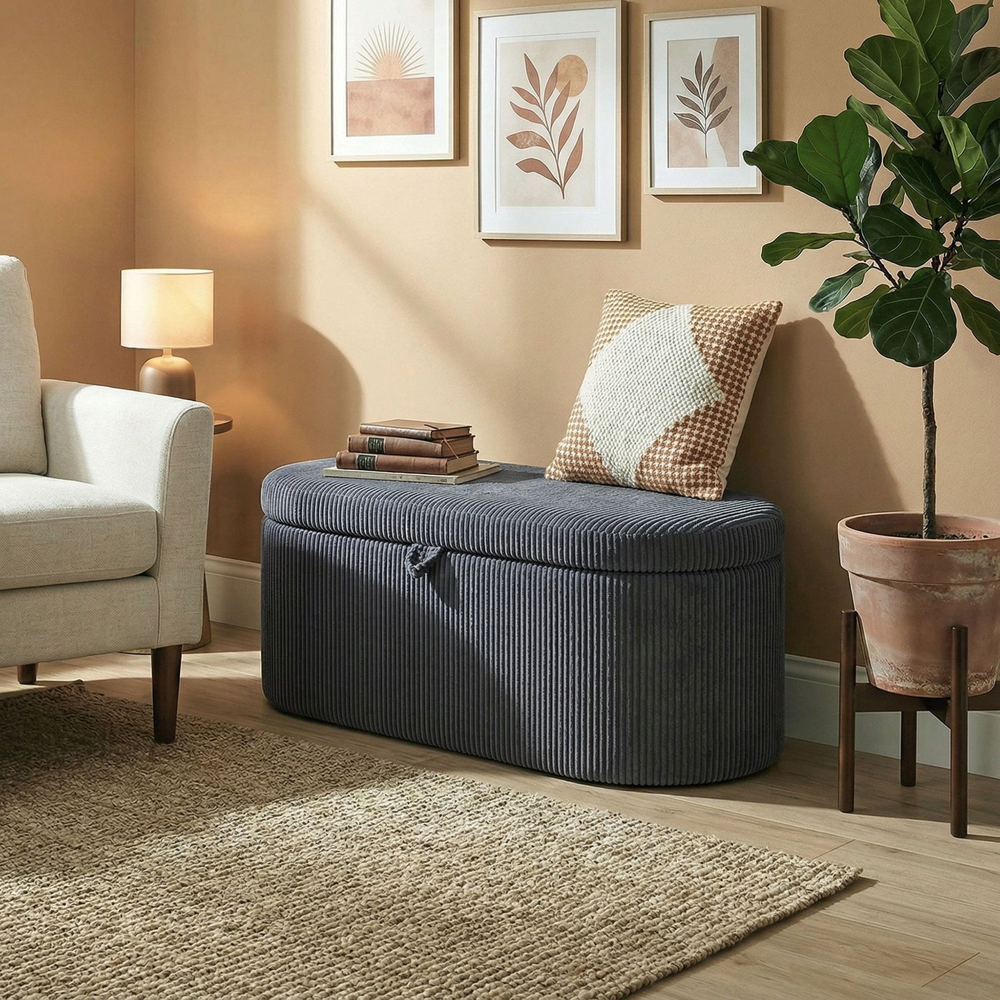 HOMCOM Storage Ottoman, Corduroy Upholstered Ottoman Storage Box with Padded Seat, 105 x 51 x 49 cm, Dark Grey