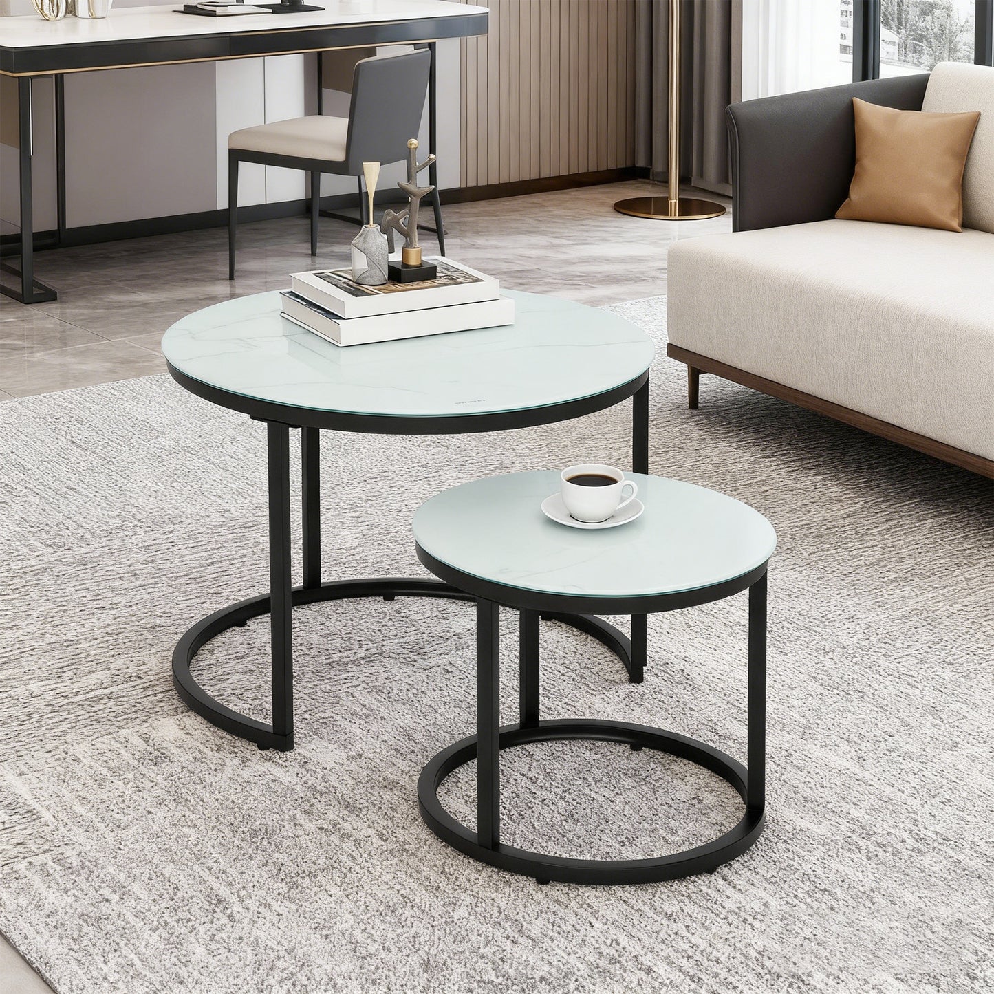 HOMCOM Glass Coffee Table Set of 2, Round Nest of Tables with Marble-Effect Tempered Glass Tabletop and Steel Frame, Modern Side Tables for Living Room, White