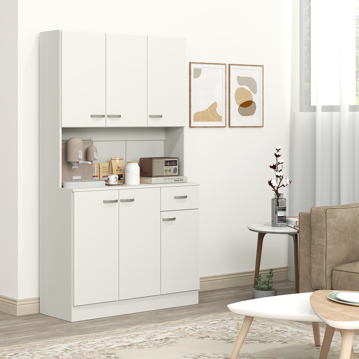 White kitchen pantry cabinet with upper cupboards, open counter space and lower storage