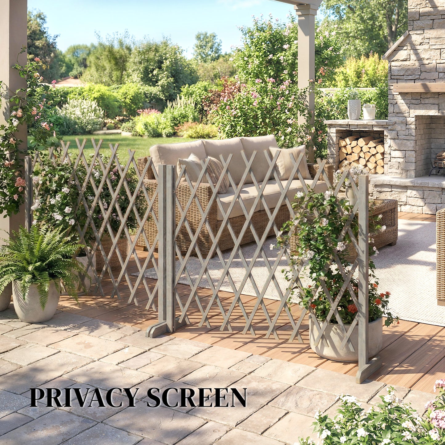 Outsunny 2 Pack Expanding Fence Panels, Wooden Freestanding Garden Fence with Stable Feet, 180 x 30 x 103cm, Dark Grey