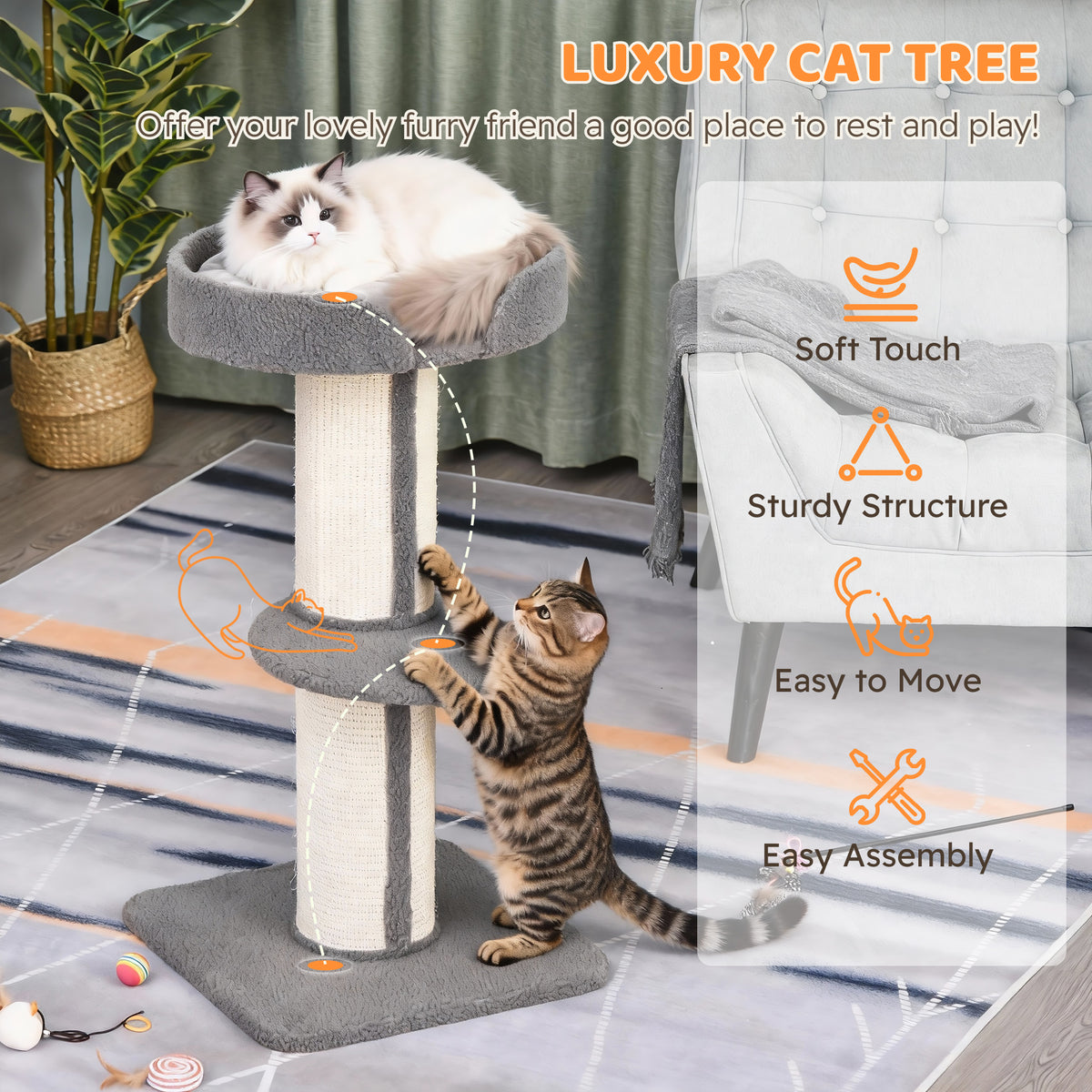 Gray cat tree with two sisal scratching posts, padded top bed, middle perch and square base