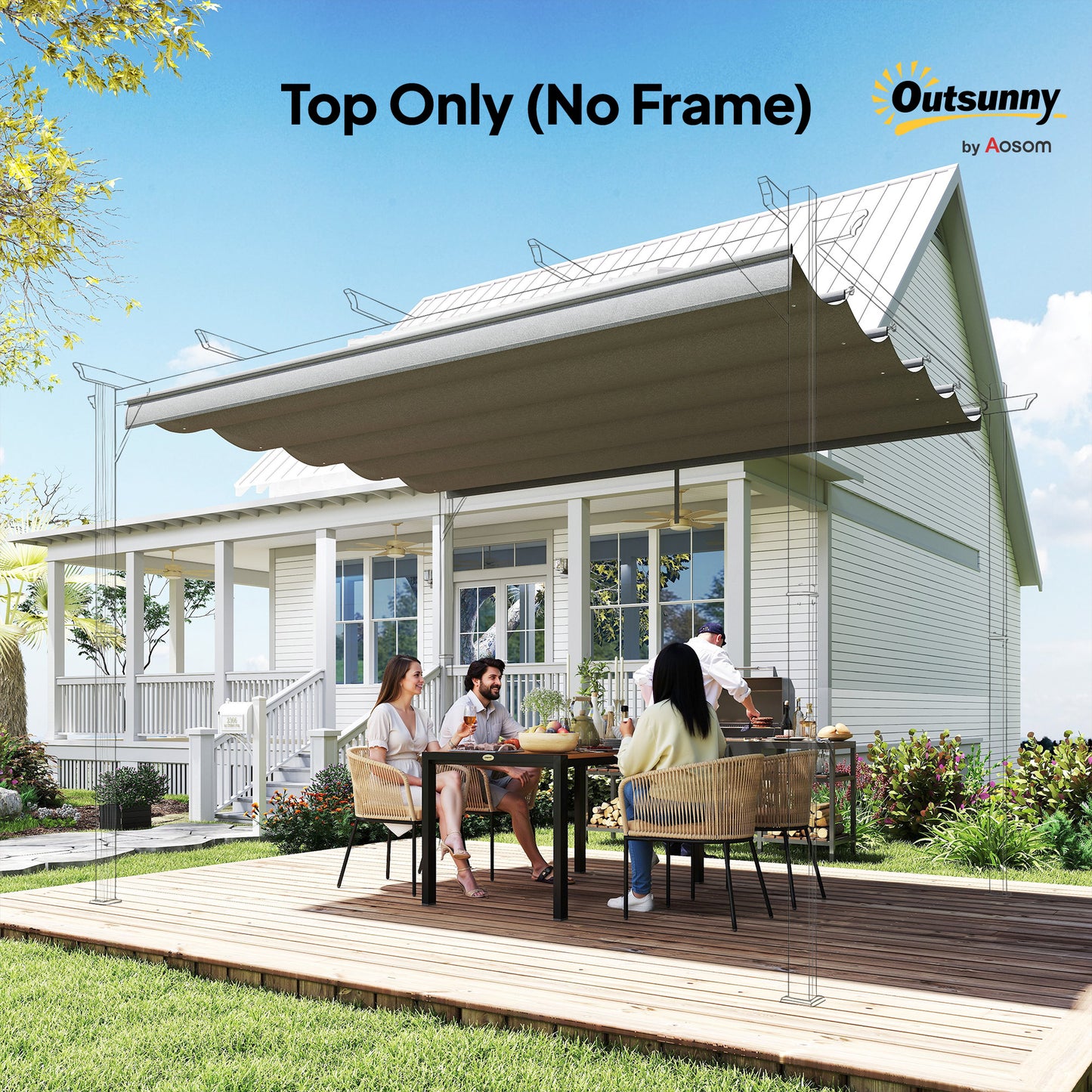 Outsunny Retractable Pergola Cover, 3.5 x 2.6 m Replacement Canopy Fabric for 4 x 3 m Frame, Roof Top Only, Light Grey