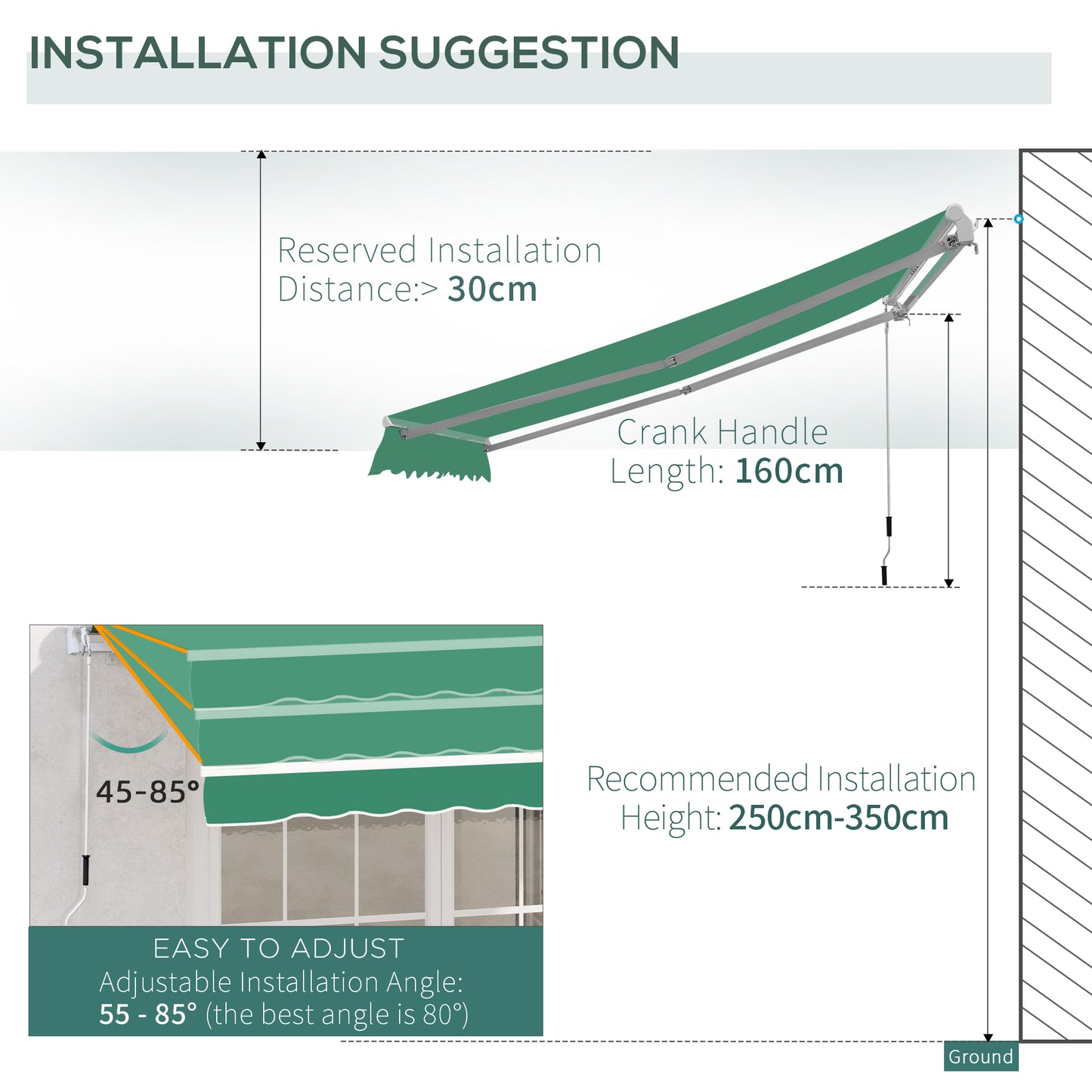 Side view of retractable awning with adjustable installation angle and wall-mounted crank