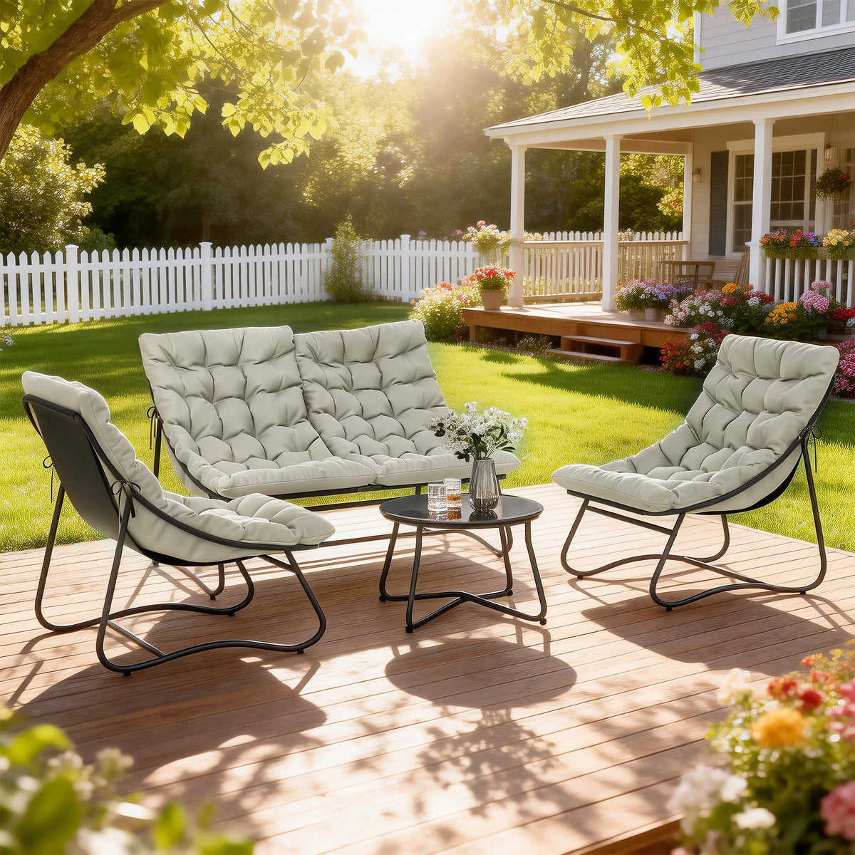 Outsunny 4 Seater Garden Furniture Set, Conversation Set with Loveseat Sofa, Chairs, Glass Coffee Table, Thick Cushions, Steel Outdoor Sofa for Balcony, Poolside, Conservatory, Light Grey
