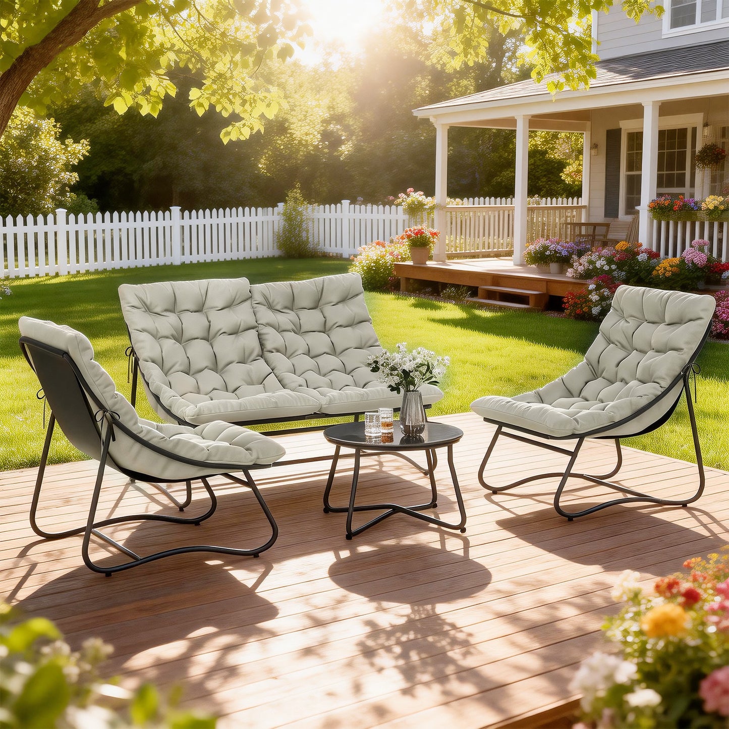Outsunny 4 Seater Garden Furniture Set, Conversation Set with Loveseat Sofa, Chairs, Glass Coffee Table, Thick Cushions, Steel Outdoor Sofa for Balcony, Poolside, Conservatory, Light Grey