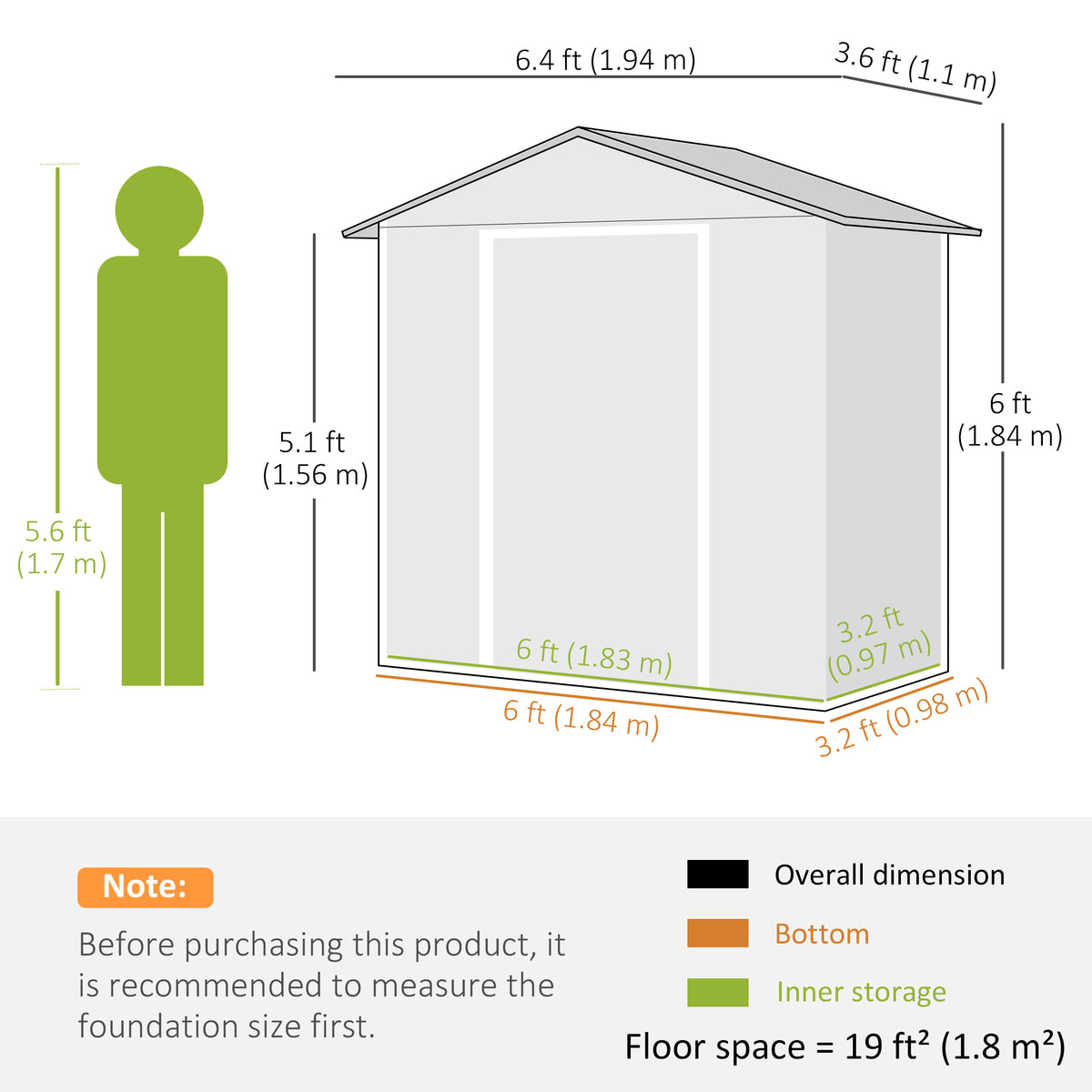 Garden storage shed dimension diagram showing overall size and floor space