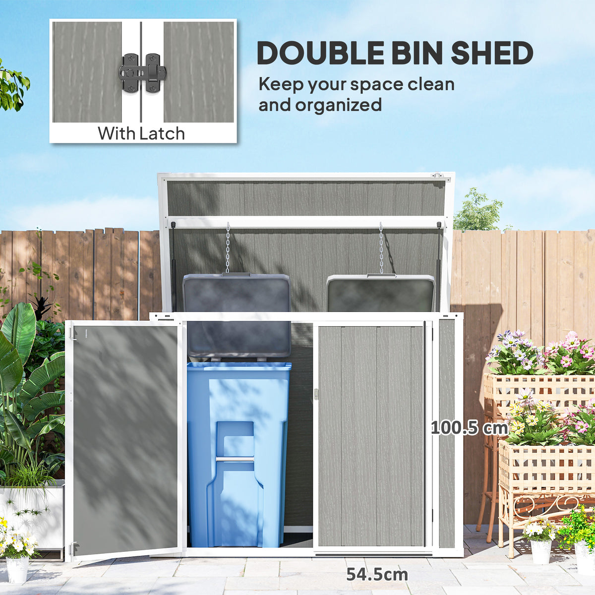 Outsunny gray double-bin shed with open lid and doors, plus a close-up of its latch