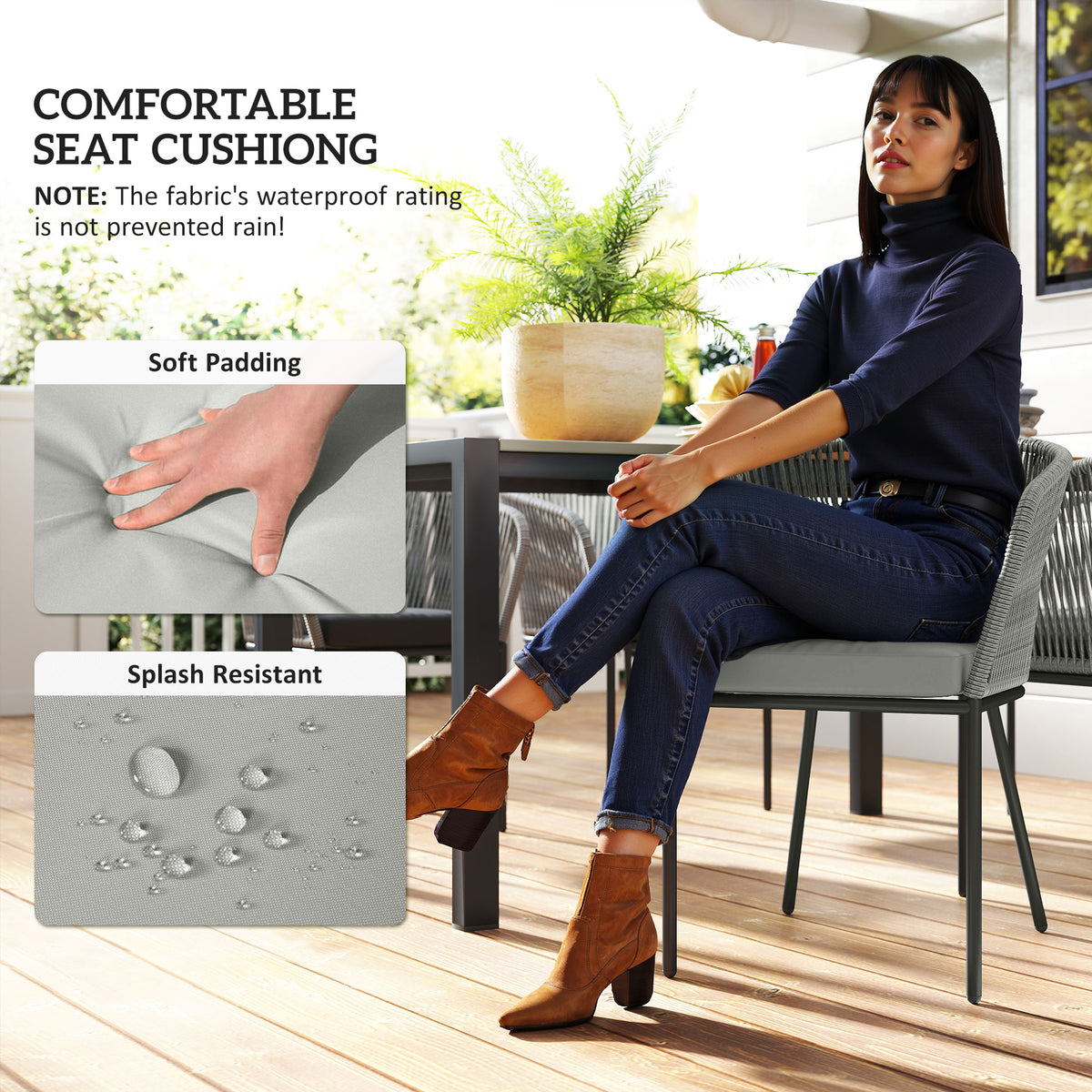 Grey rattan dining chair with padded, splash-resistant seat cushion