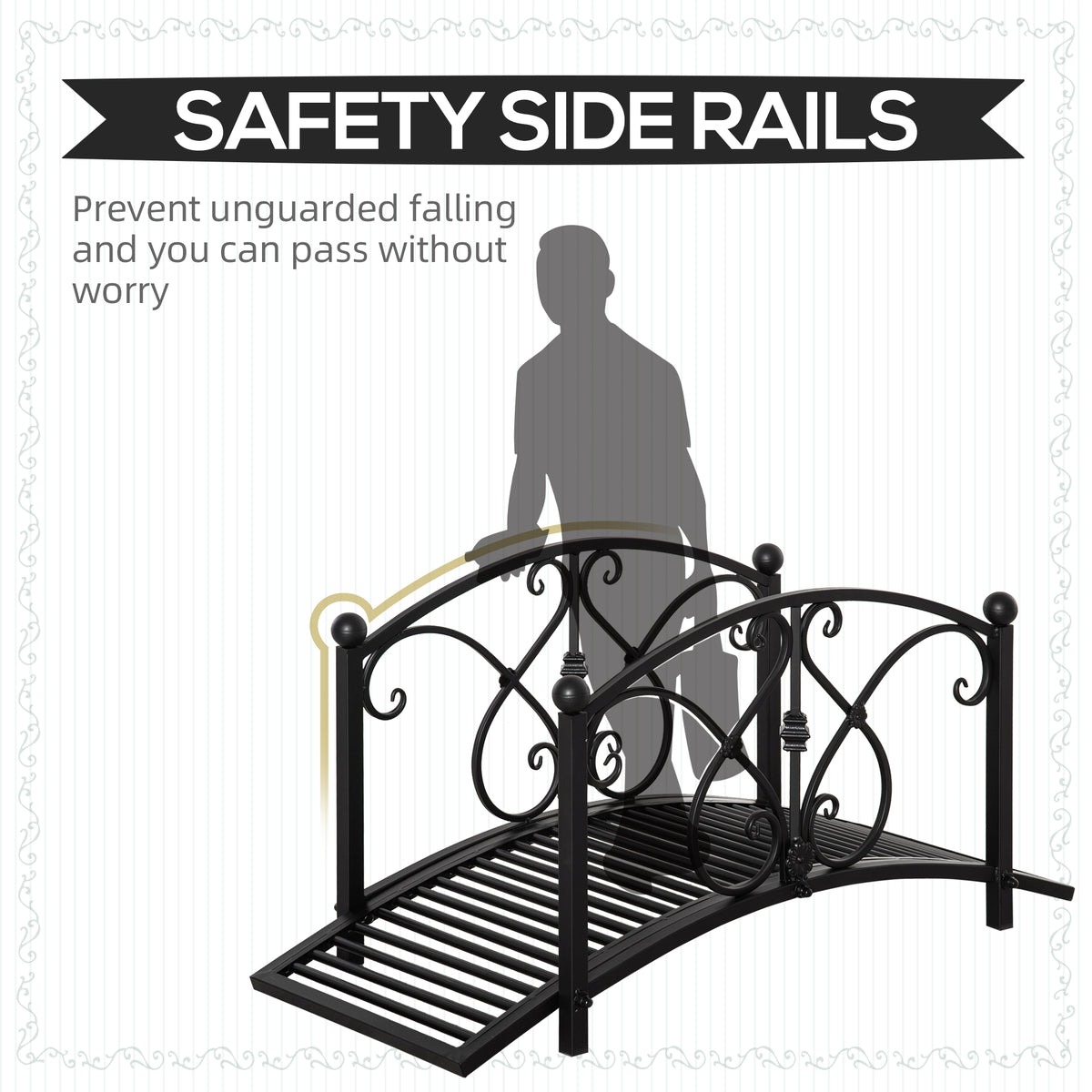 Black metal garden bridge with raised safety side rails and slatted walkway