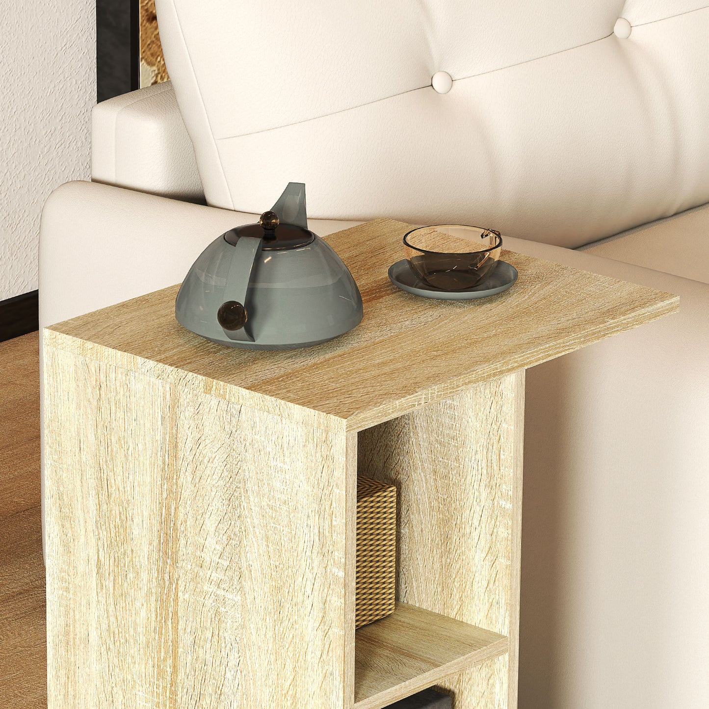 HOMCOM C-Shape End Table Unique Storage Unit w/ 2 Shelves 4 Wheels Freestanding Home Office Furniture Cabinet Square Studio Natural