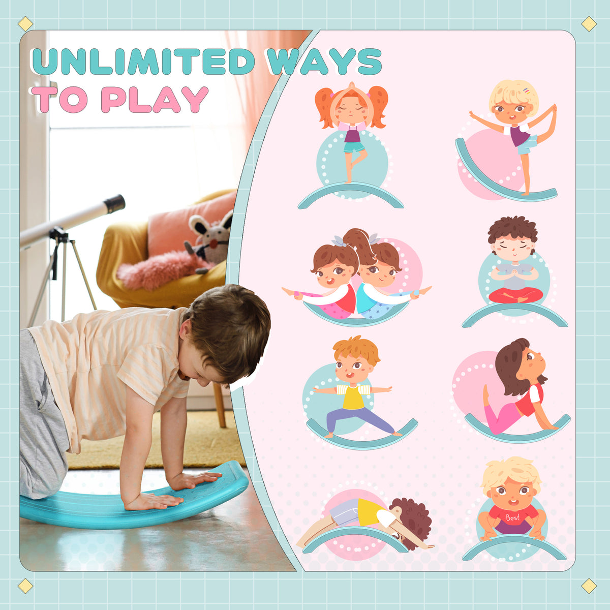 Blue kids' balance board used for kneeling and rocking play