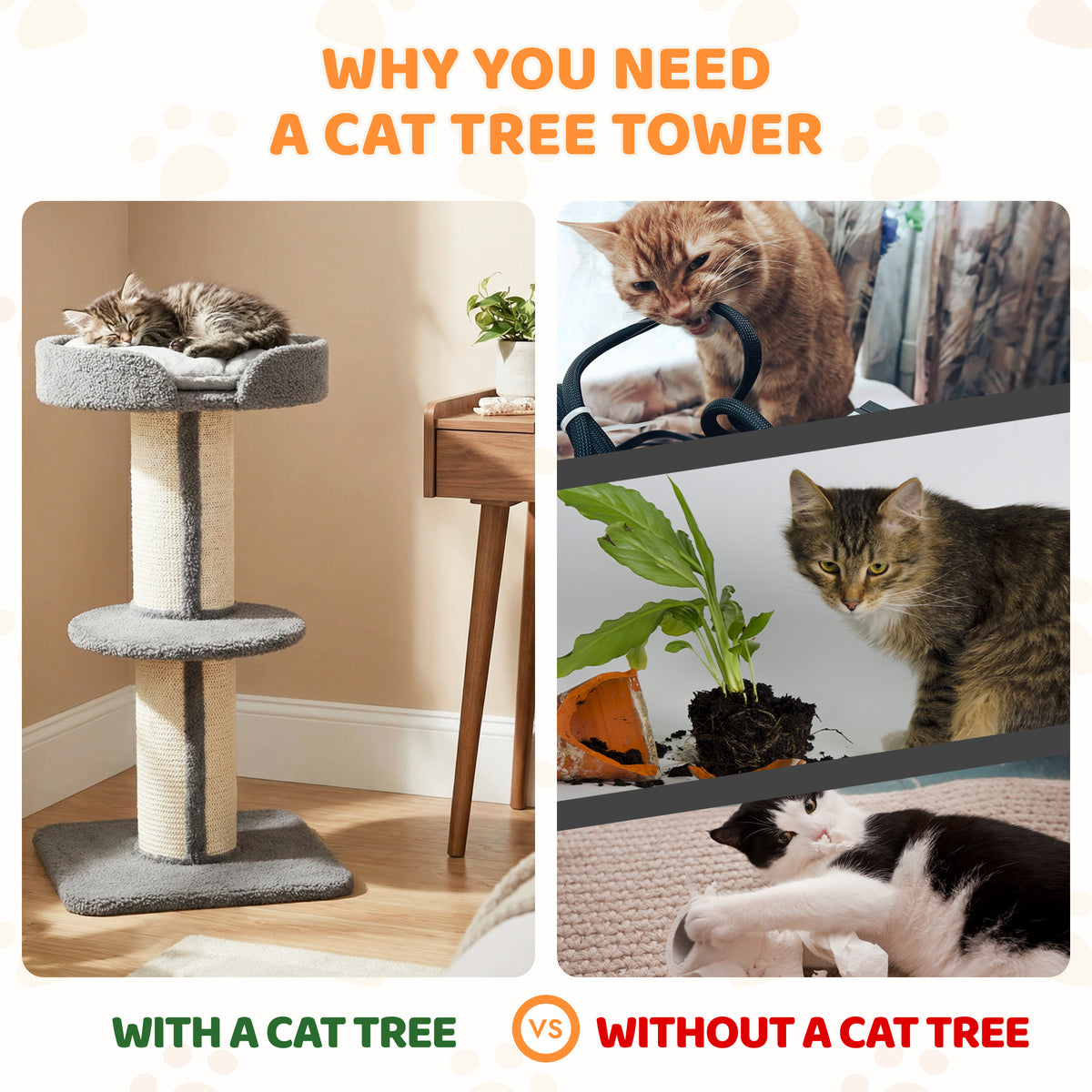 Gray cat tree with two sisal posts, top bed and middle perch beside sleeping cats