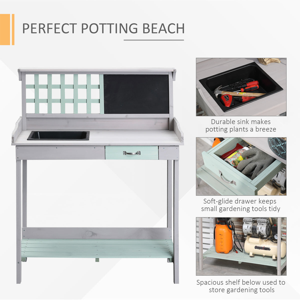 HOMCOM potting table with sink, sliding drawer and lower storage shelf