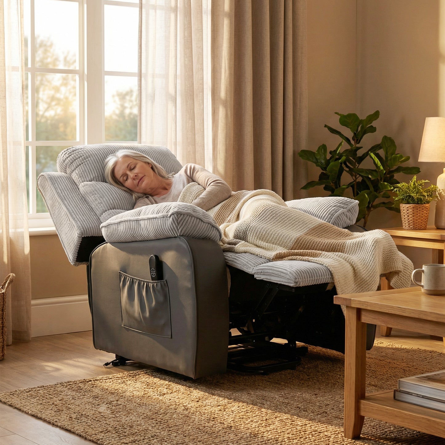 HOMCOM Overstuffed Corduroy Electric Lift Recliner Chair - Light Grey