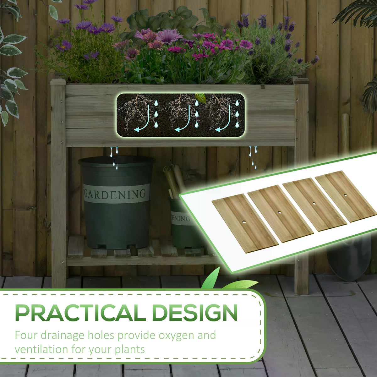 Elevated wooden garden planter with removable slatted base and drainage holes