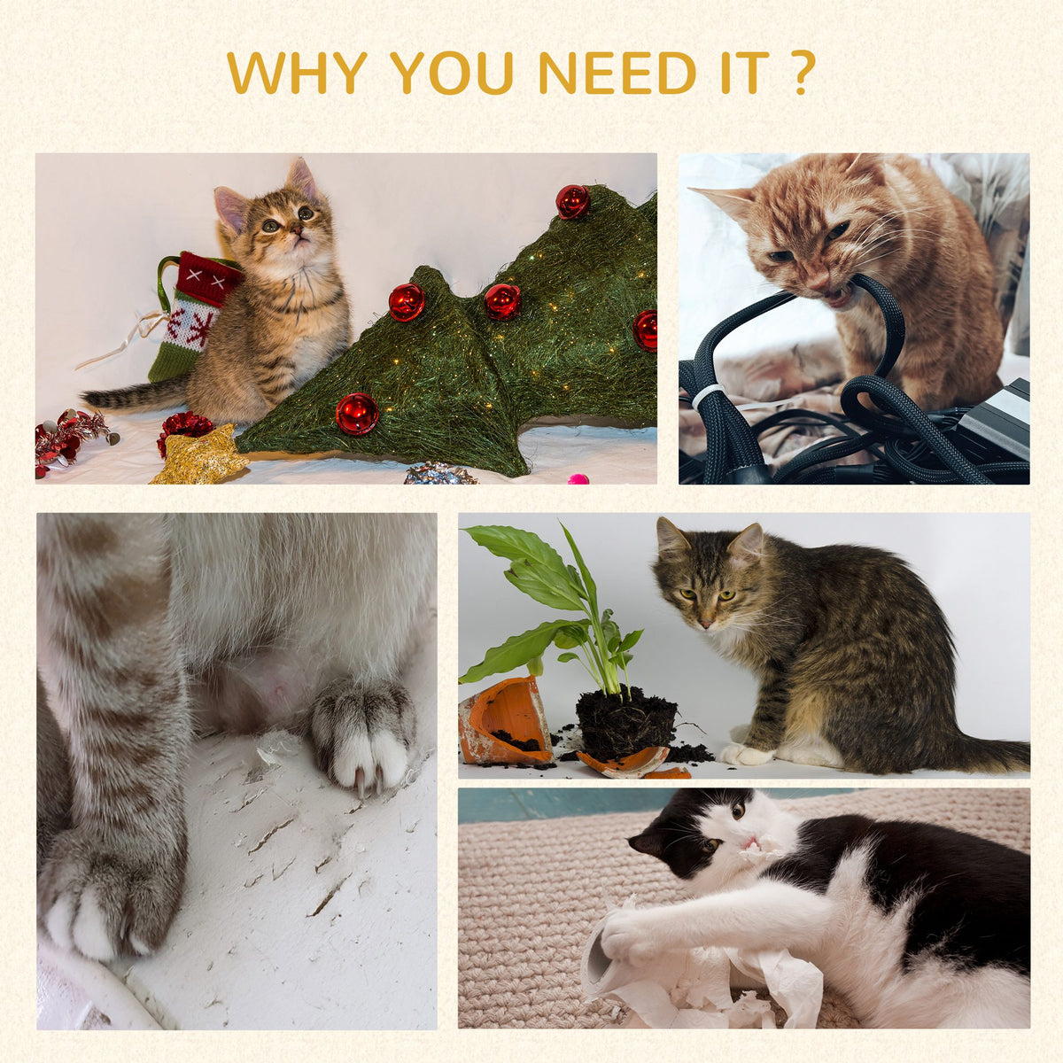 Indoor cat tree promotional collage with cats playing, scratching and relaxing