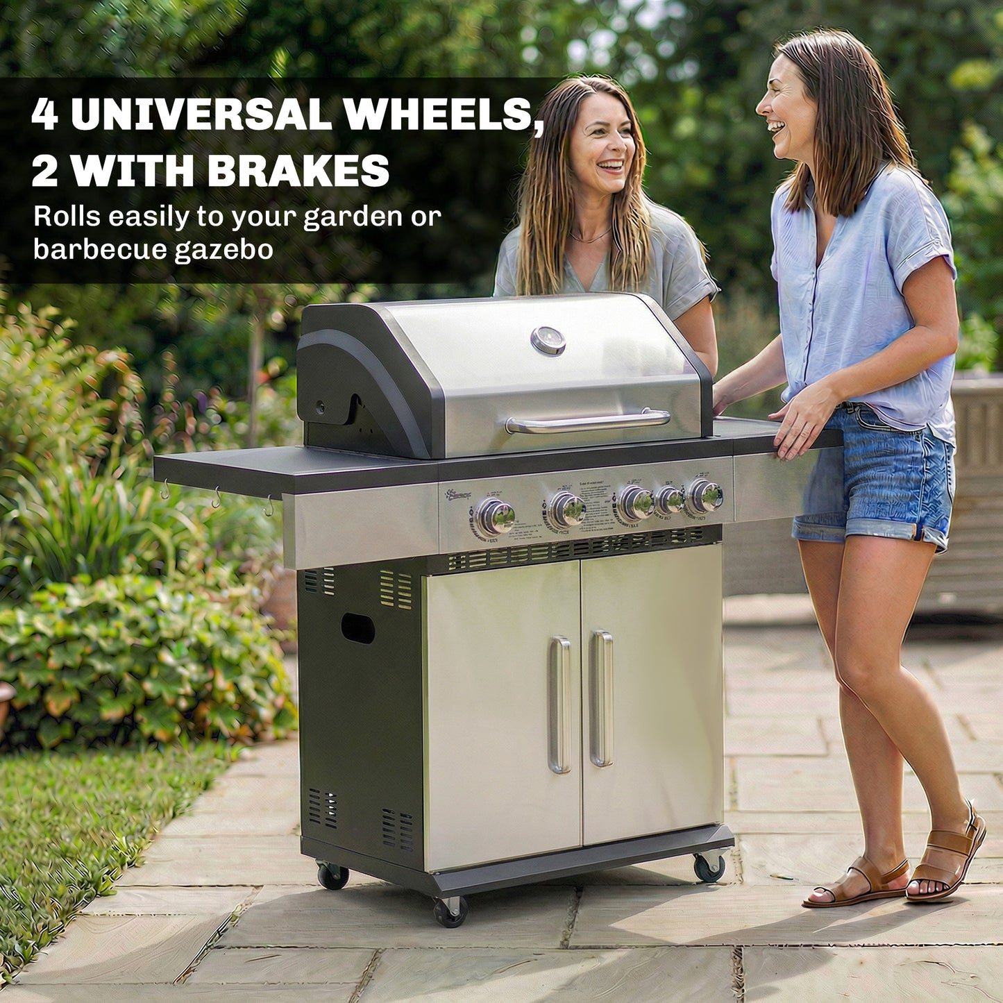 Outsunny 4+1 Burner Gas BBQ Grill, Portable Gas Barbecue Grill with Side Burner, Warming Rack, Side Shelf, Storage Cabinet
