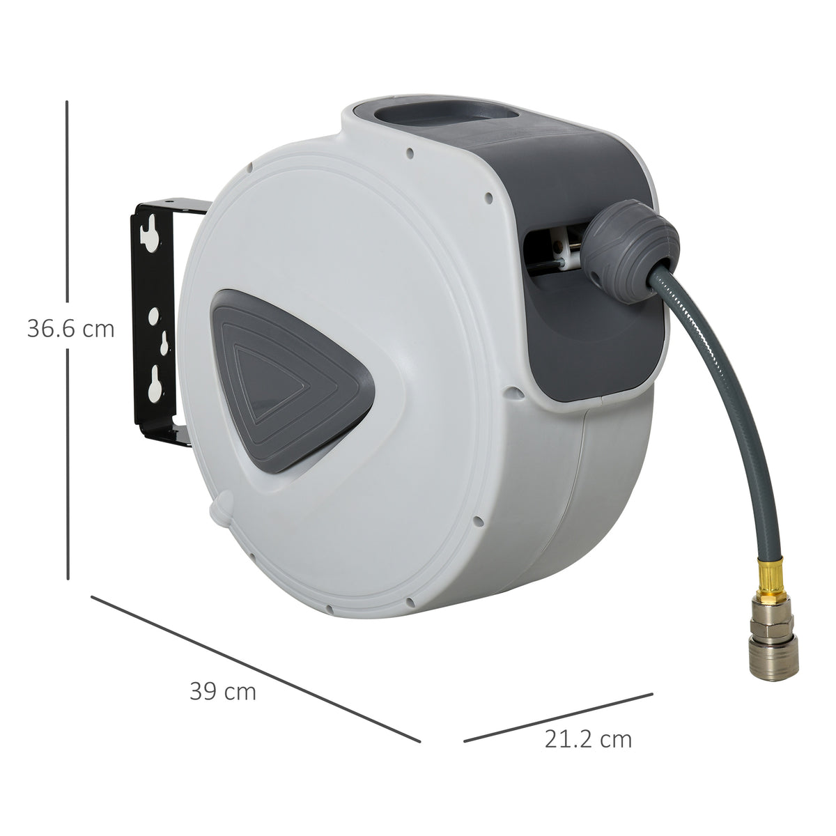 DURHAND retractable air hose reel with wall bracket and dimensions of 36.6 by 39 by 21.2 cm