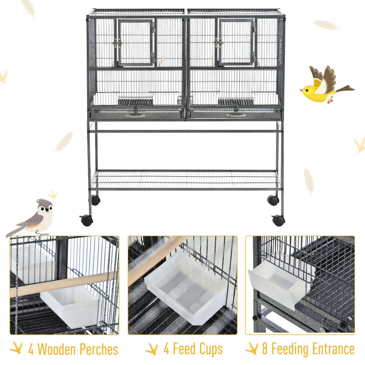 PawHut bird cage with four wooden perches, four feed cups and eight feeding entrances