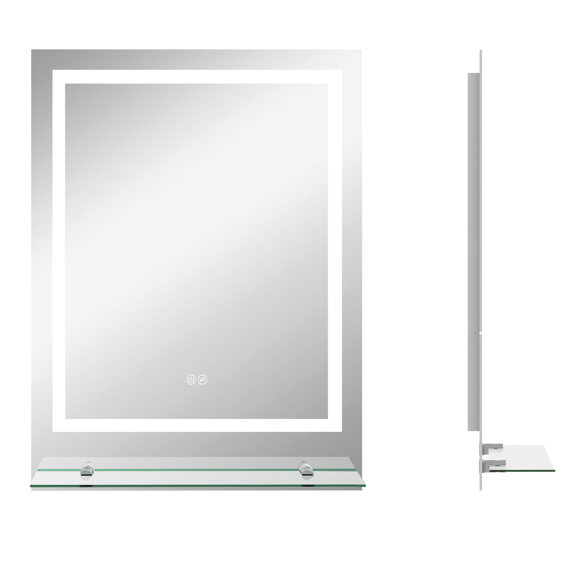 Rectangular LED bathroom mirror with glass shelf, shown front and side