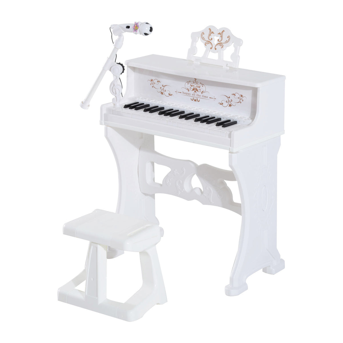 White toy grand piano set with 37 keys, matching stool, adjustable microphone and ornate music stand.