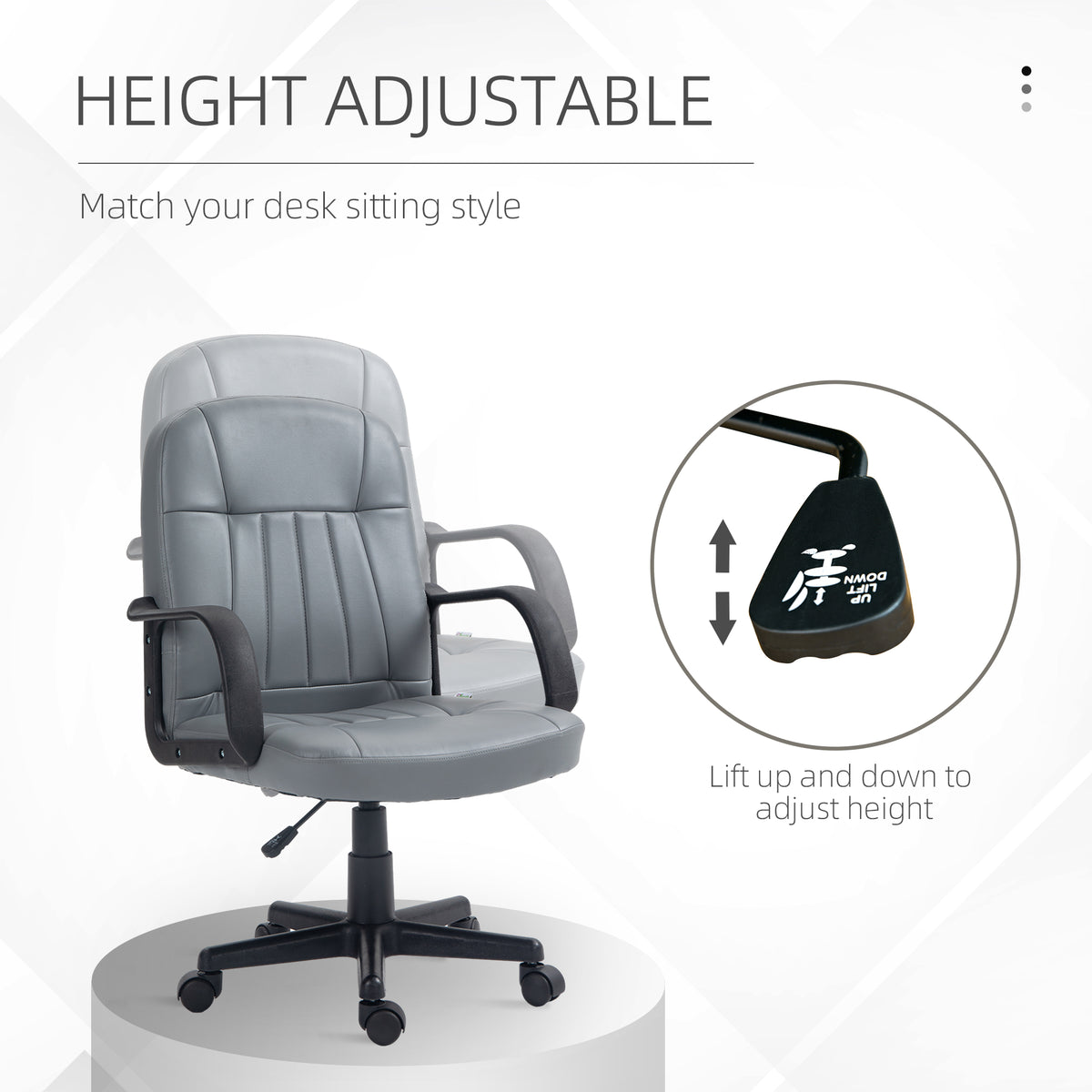 Grey PU leather office chair with lever for adjustable seat height