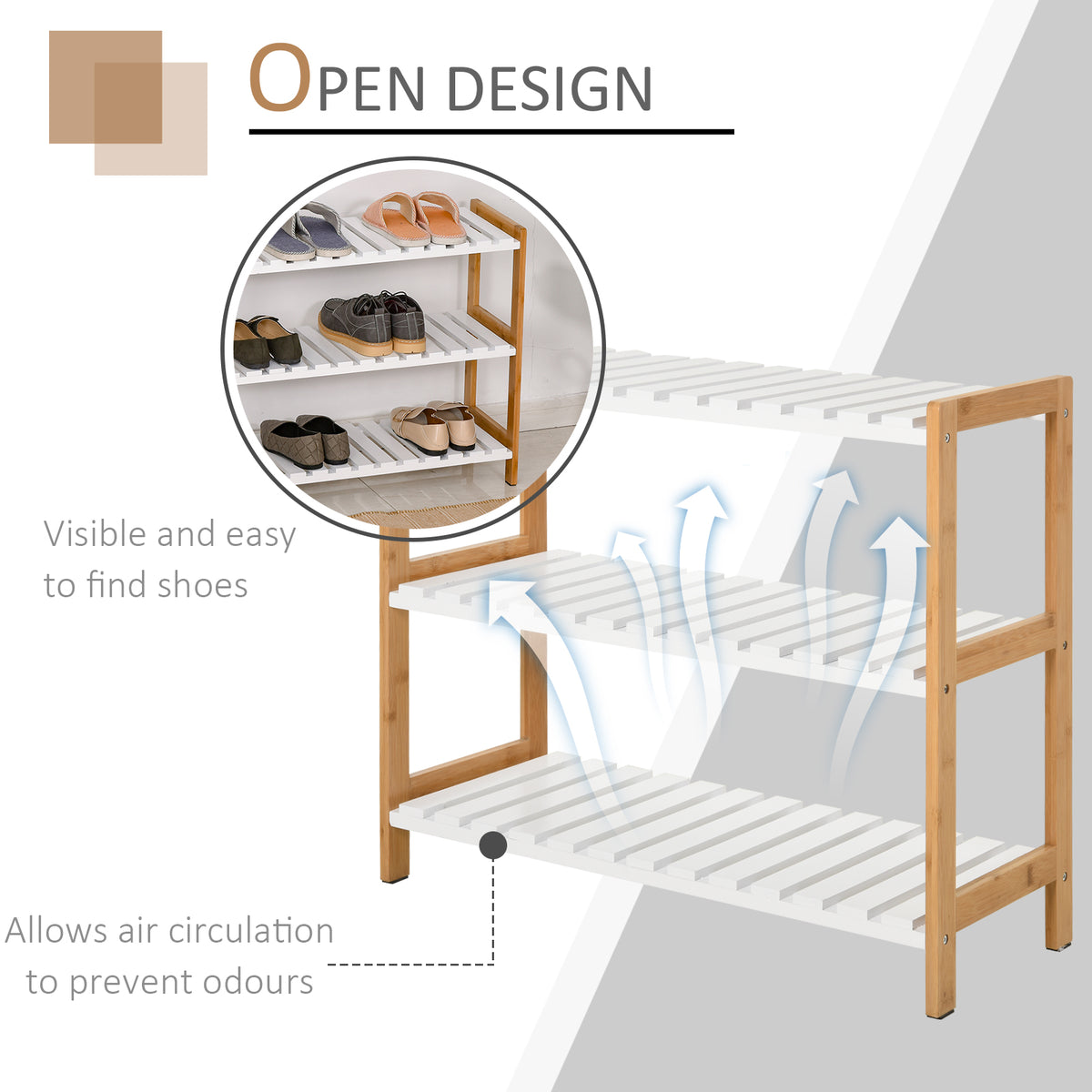 Open three-tier shoe rack with natural wood frame and white slatted shelves for airflow.