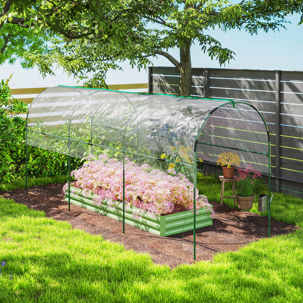 Outsunny Tunnel Tomato Greenhouse with 4 Hoops and Top Tap, Pointed Bottom and Guy Ropes, 400 x 123 x 171 cm, Clear