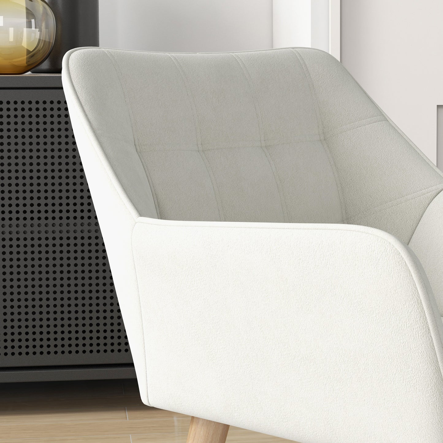 Set of 2 Accent Chair, Arm Chair with Slanted Back, Thick Padding and Rubber Wooden Legs for Living Room, Cream White