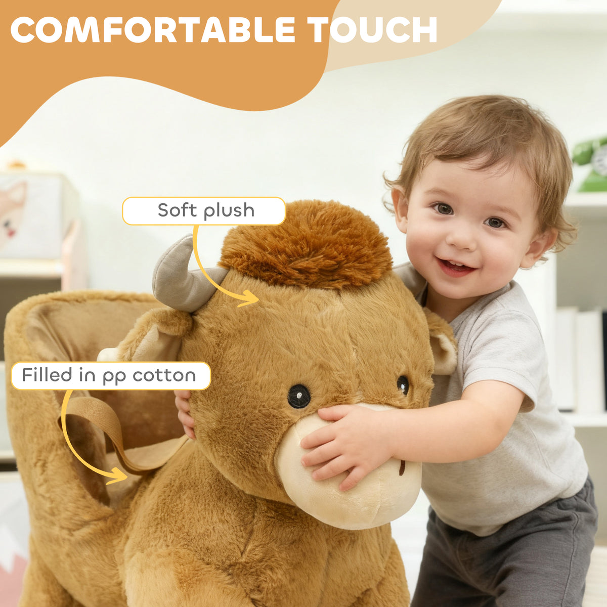 AIYAPLAY Baby Rocking Horse with Safety Belt, Wood Base, Animal Rocker for Children, Brown