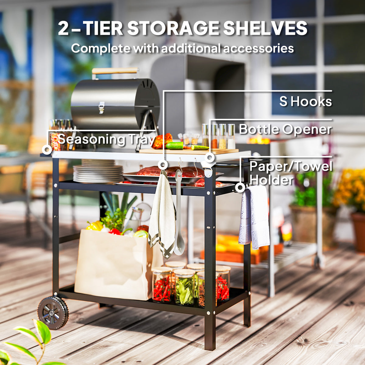 Two-tier barbecue cart with seasoning tray, S hooks, bottle opener and towel holder