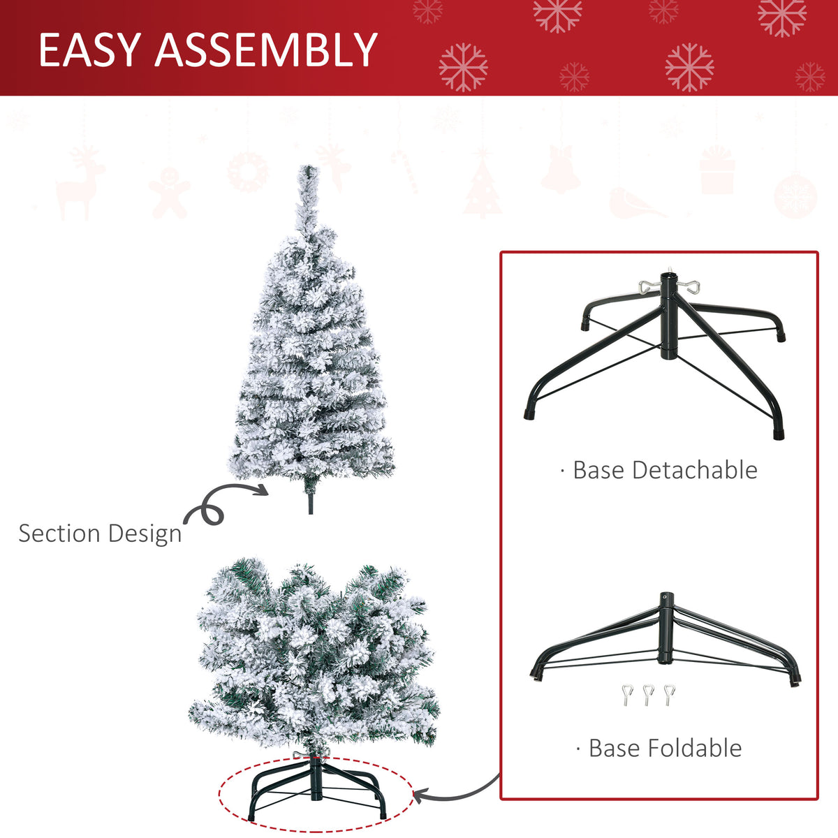 Flocked artificial tree assembly diagram with detachable, foldable metal base