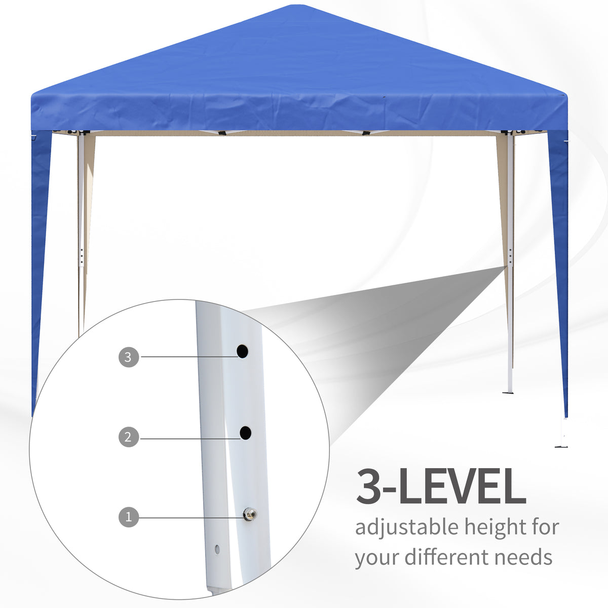 Blue pop-up gazebo with three-level adjustable height settings