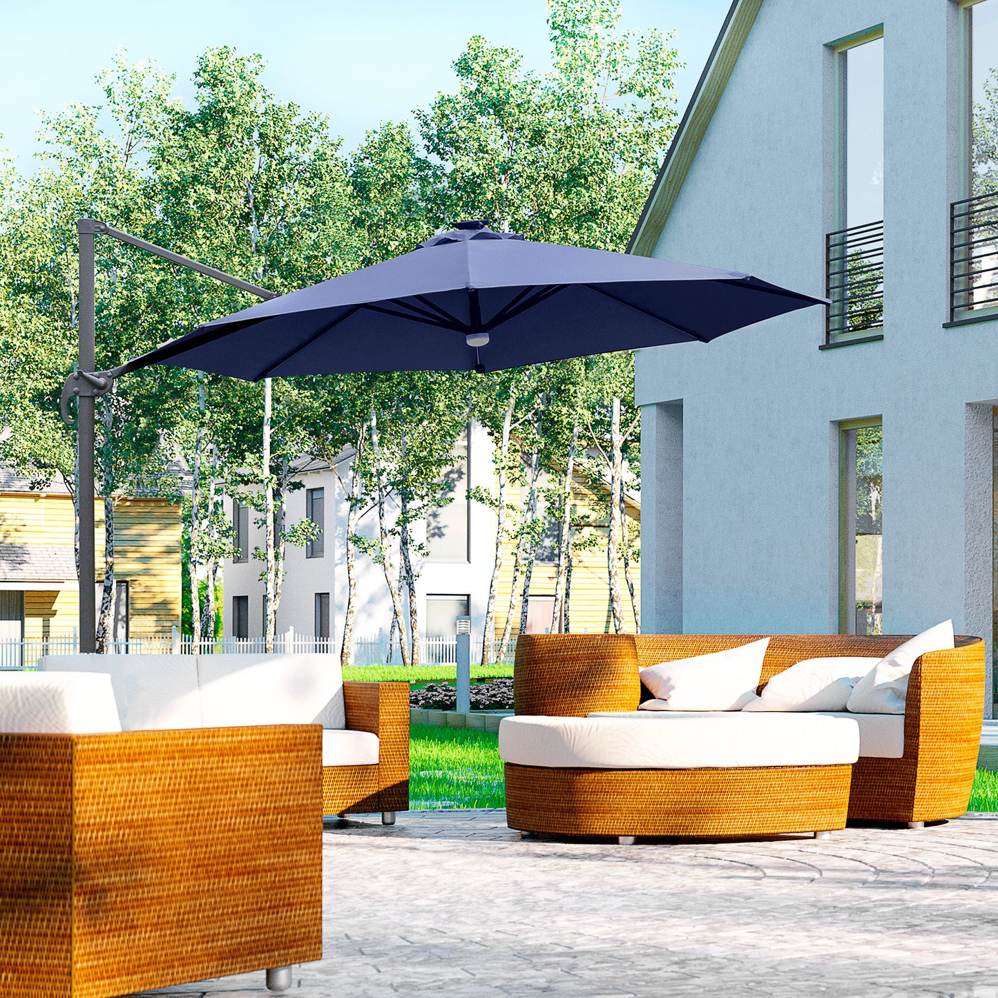 Outsunny blue cantilever umbrella shading an outdoor patio seating area