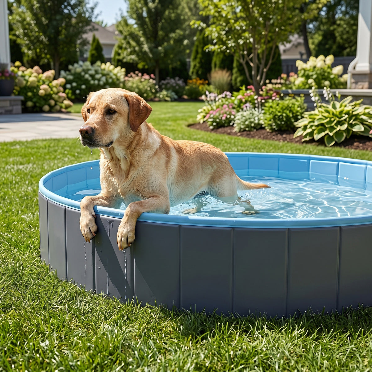 PawHut Foldable Dog Pool for Puppies and Ducks Dog Paddling Pool Bath Tub, Dark Grey, 140 x 30cm