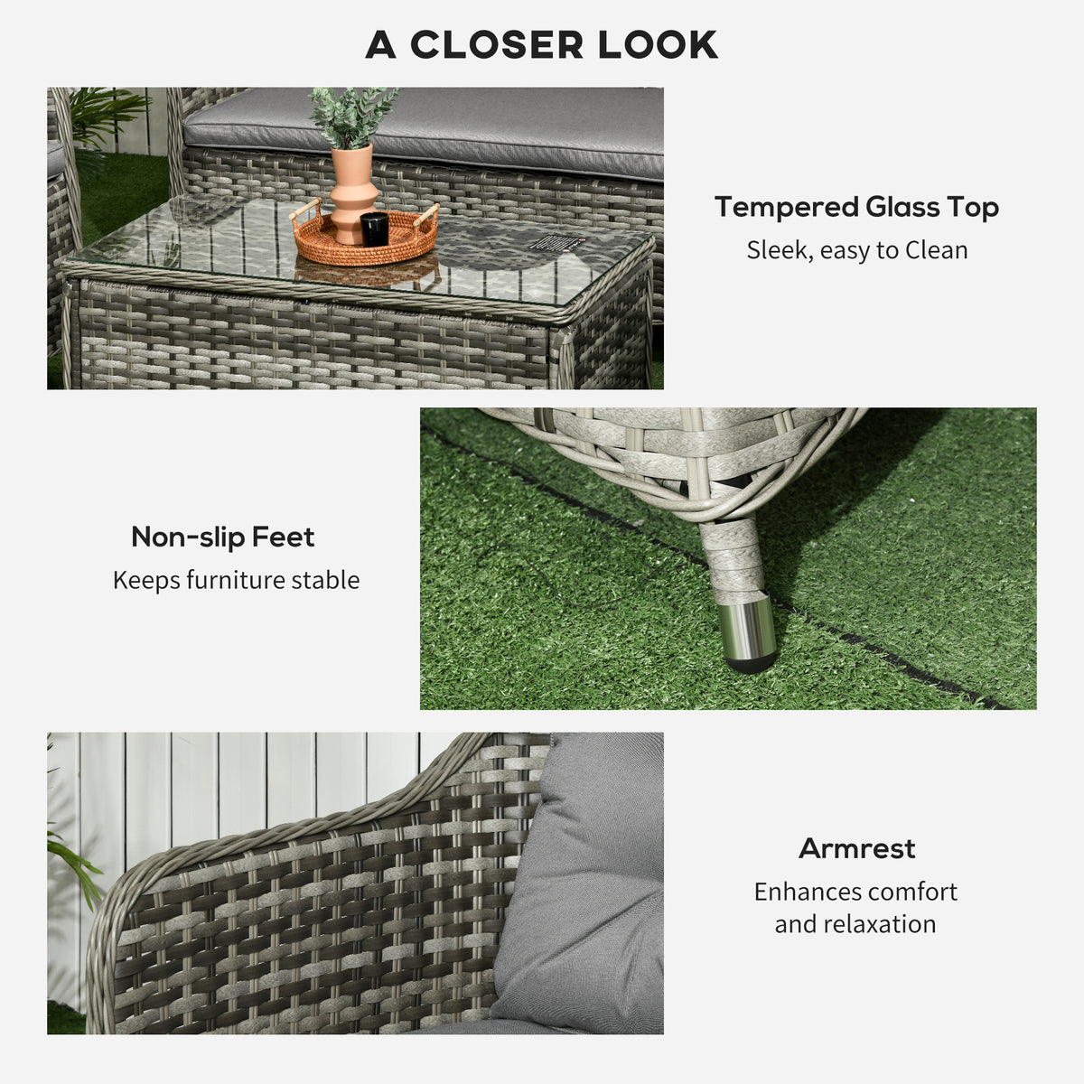Rattan sofa set details showing glass table top, non-slip feet, and armrest