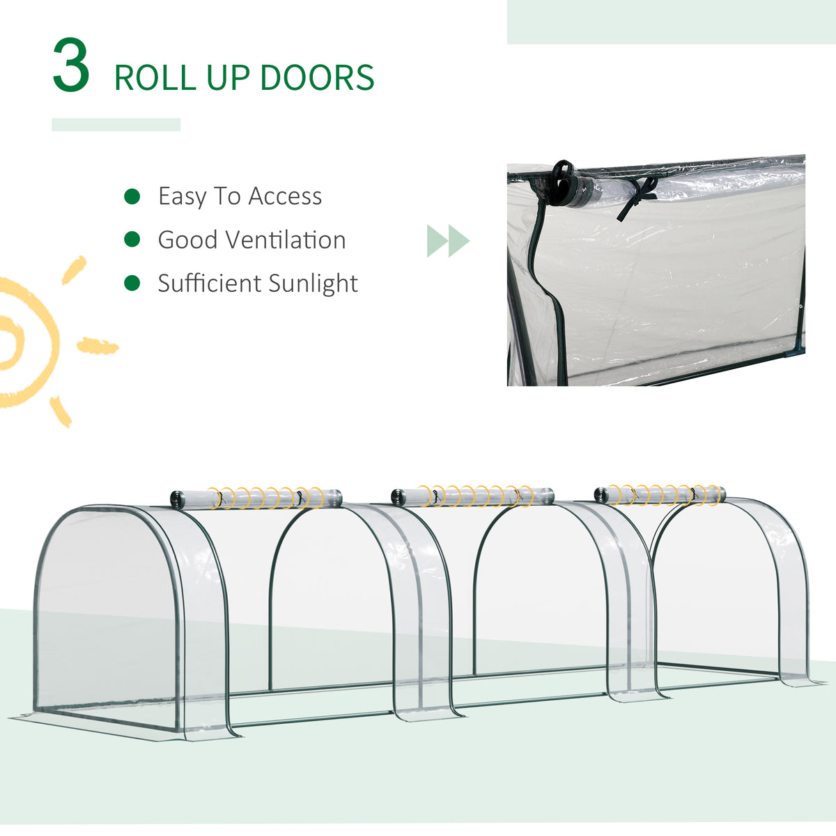 Outsunny mini greenhouse with clear cover, steel frame and three roll-up doors