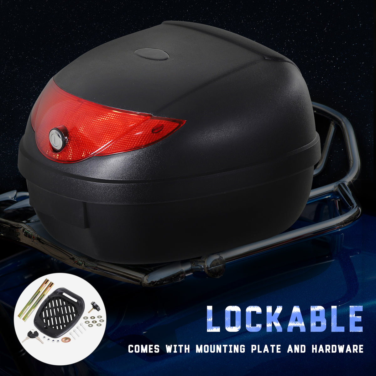 Lockable black motorcycle top box mounted on a rack beside its mounting plate and hardware