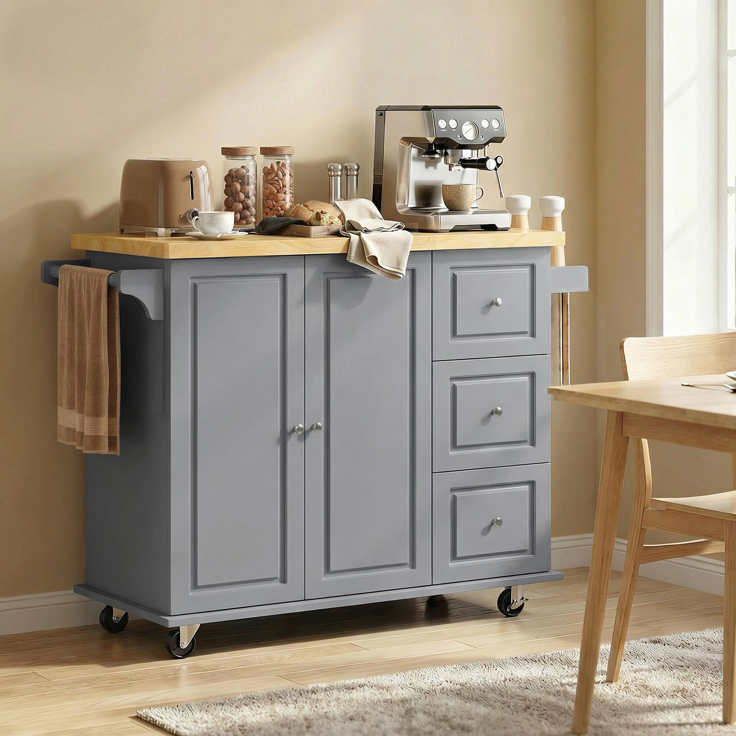 HOMCOM Kitchen Island on Wheels, Rolling Kitchen Storage Trolley with Drop Leaf, Drawers, Towel and Spice Rack, Grey