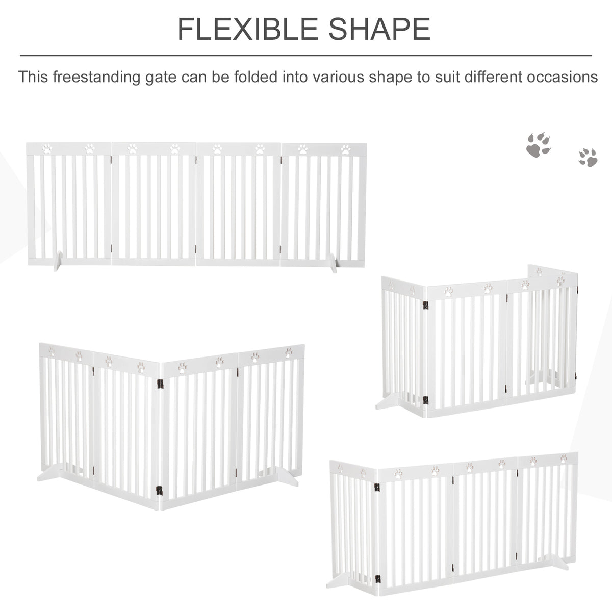 White folding pet gate shown in several freestanding configurations