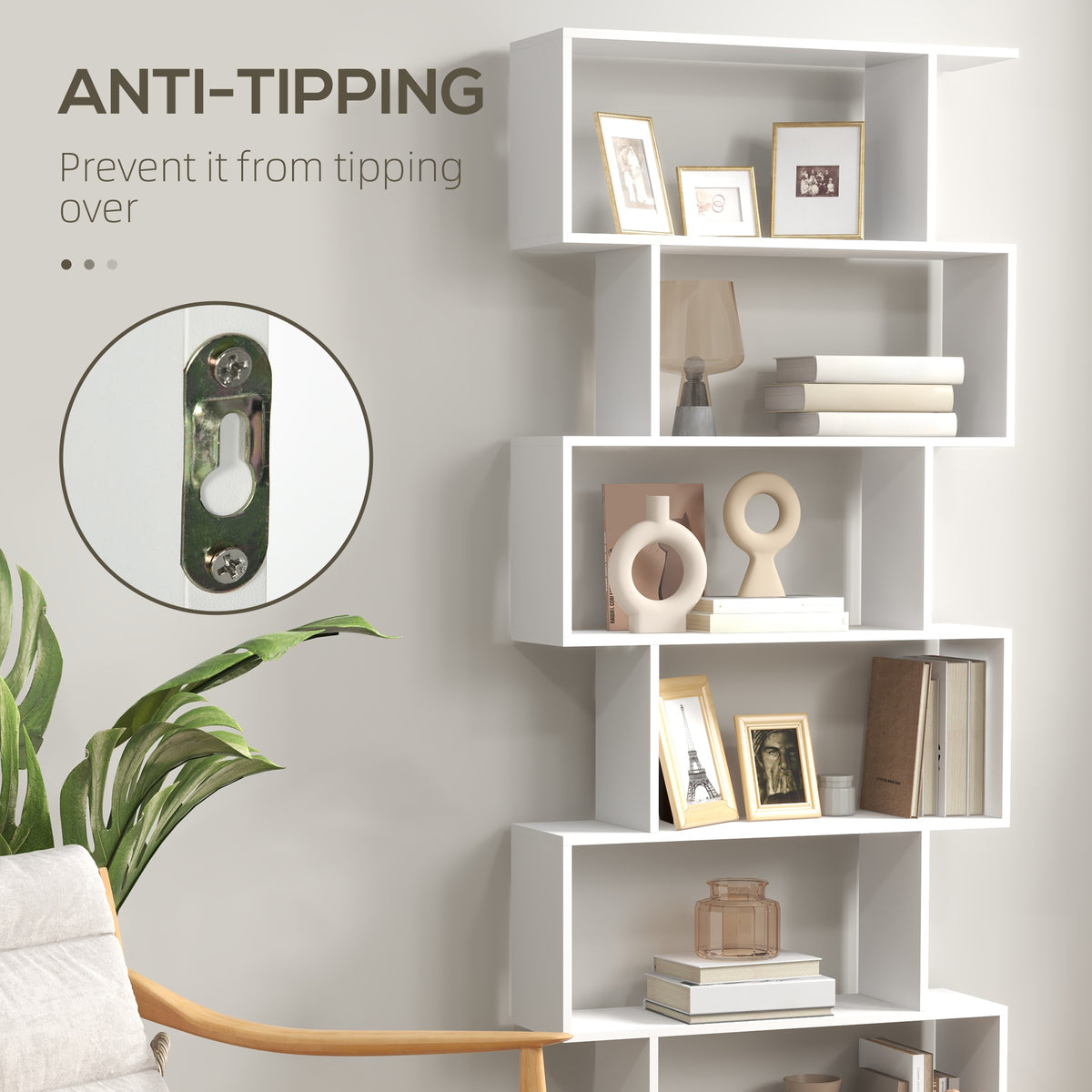 HOMCOM white six-tier S-shaped bookcase with anti-tipping wall hardware